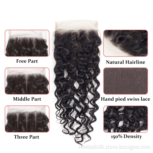150% density brazilian water wave 4x4 human hair closure with baby hair